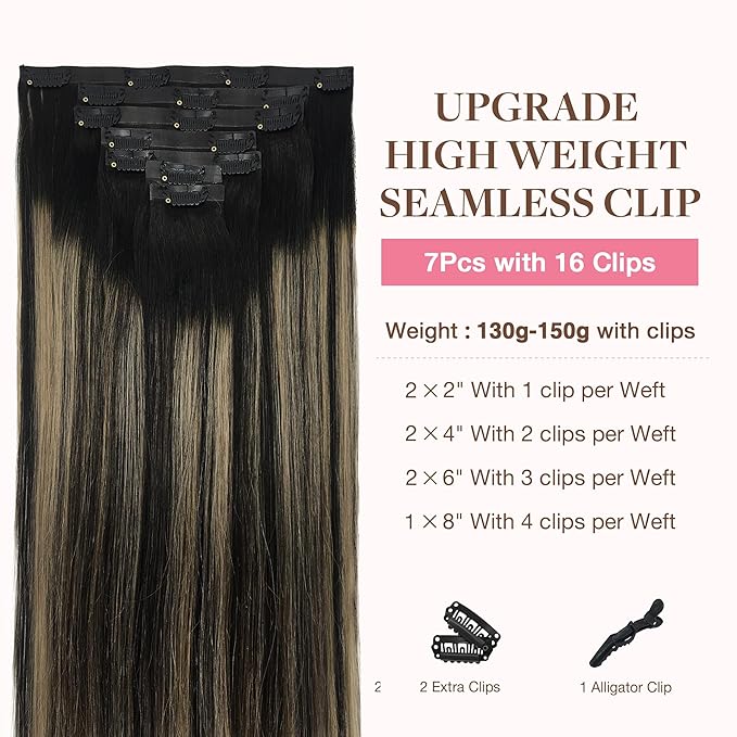 GOO GOO Clip in Hair Extensions Real Human Hair, Remy Human Hair Extensions Clip ins for Women, Natural Human Hair, 22inch 150g 7Pcs, 1B/16/1B Balayage Natural Black to Light Blonde