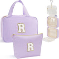 YOOLIFE Hanging Toiletry Bag - Large Capacity Personalized Travel Toiletry Bag for Women, Cruise Ship Essentials - Letter R, Purple