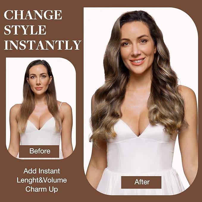 GOO GOO Clip in Hair Extensions Real Human Hair, Remy Human Hair Extensions Clip ins for Women, Natural Human Hair, 16inch 120g 7Pcs, 4/27/4 Balayage Chocolate Brown to Caramel Blonde