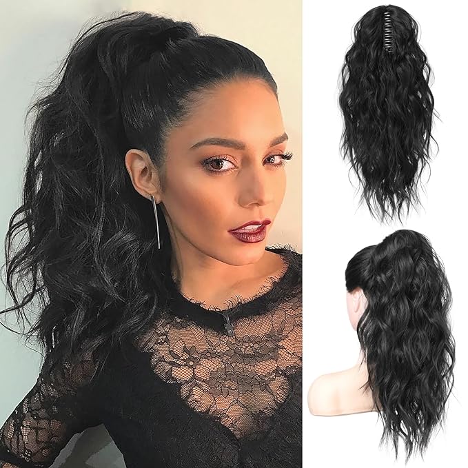 FLUFYMOOZ Ponytail Extension, 18 Inch Claw Clip Ponytail Extension, Wavy Curly Claw Clip in Ponytail Hair Extensions, Natural Fake Ponytail Synthetic Hairpiece for Women (Natural Black)