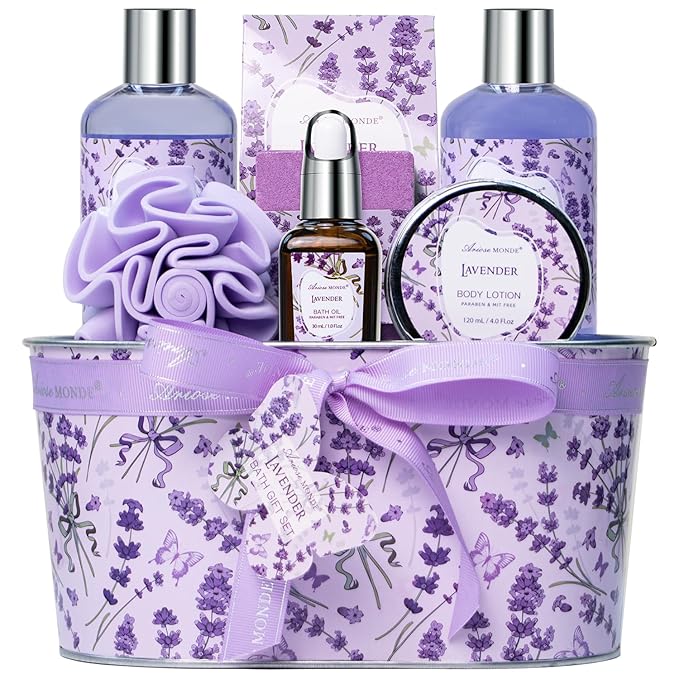 Bath Gift Baskets for Women, Lavender Relaxing Spa Gifts, Bath Spa Gift Basket for Women, Self Care Gifts, Care Package, Home Spa Products, Birthday Gifts , Gifts for her