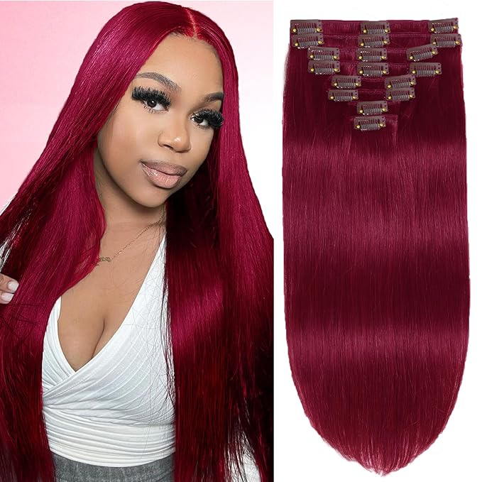 Clip in Hair Extensions Real Human Hair, 99J Burgundy 16inch 110g Long Straight Silky Hair Extensions Real Human Hair 8pcs Double Weft Handmade Per Set with 18clips Clip on Extensions