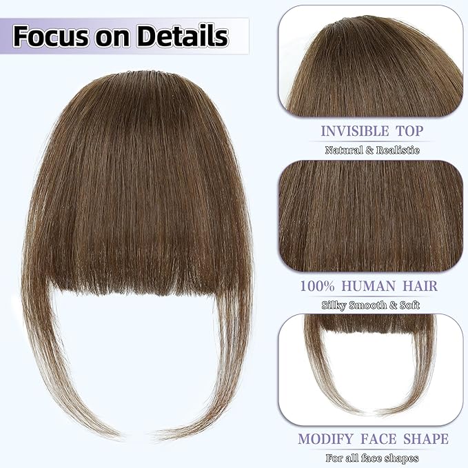 Wispy Bangs Hair Clip, 100% Human Hair Clip In Brown Bangs for Women, Soft Layered Fake Bangs with Feathered Fringe, Easy Clip-On Design for Daily Wear & Halloween