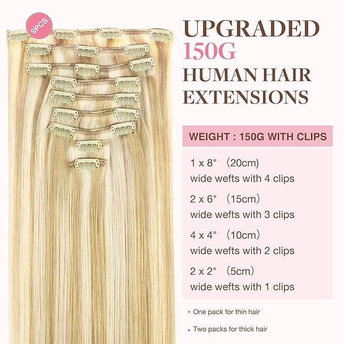 GOO GOO Clip in Hair Extensions Real Human Hair, Remy Human Hair Extensions Clip ins for Women, Natural Human Hair, 22inch 150g 9Pcs, 18D/22F Dirty Blonde Highlights