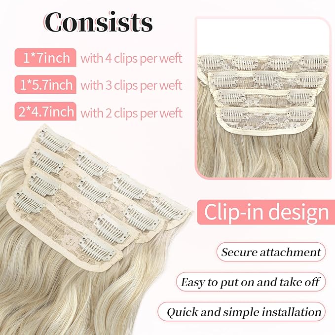 KooKaStyle Clip in Synthetic Hair Extensions Long Wavy 4PCS Thick Hairpieces Bleach Blonde mix Light Blonde Fiber Double Weft Natural Hair Extensions 20 Inch for Women