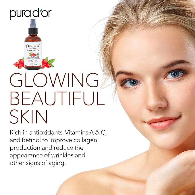 PURA D'OR ORGANIC Rosehip Seed Oil Hair Relaxer (4 Oz x3 = 12 Oz) 100% Pure Cold Pressed USDA Certified All Natural Anti-Aging, Scar Treatment, Gua Sha Massage, Face, Hair & Skin - Women & Men