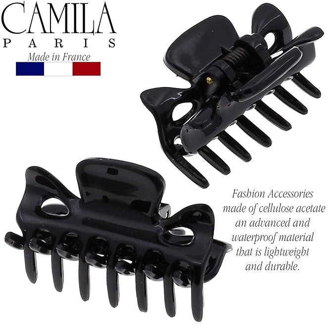 Camila Paris CP3027 French Hair Clip for Women, 1.5 inch Set of 2 Black Girls Hair Claw Clips Jaw Fashion Durable Styling Hair Accessories for Women, Strong Hold No Slip Grip, Made in France