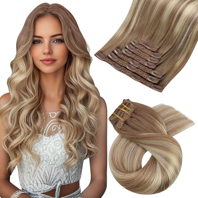 Moresoo Clip in Hair Extensions Balayage Double Weft Real Human Hair Extensions Clip ins Light Brown Mixed with Golden Blonde Full Head 7Pieces 120Grams 20inch