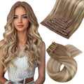 Moresoo Clip in Hair Extensions Balayage Double Weft Real Human Hair Extensions Clip ins Light Brown Mixed with Golden Blonde Full Head 7Pieces 120Grams 20inch