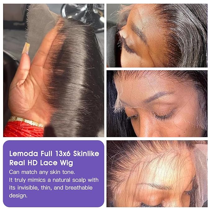 Lemoda Full 13x6 SKINLIKE Real HD Lace Frontal Wigs 15A 30Inch Brazilian Straight Virgin Human Hair Lace Frontal Wigs 200% Invisible 0.1mm Ultra-thin Frayed Ends Lace Front Wig Pre Plucked Tiny Knots