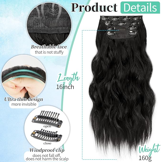 KooKaStyle Clip in Synthetic Hair Extensions Long Wavy 4PCS Thick Hairpieces Brunette Brown Fiber Double Weft Natural Hair Extensions 16 Inch for Women