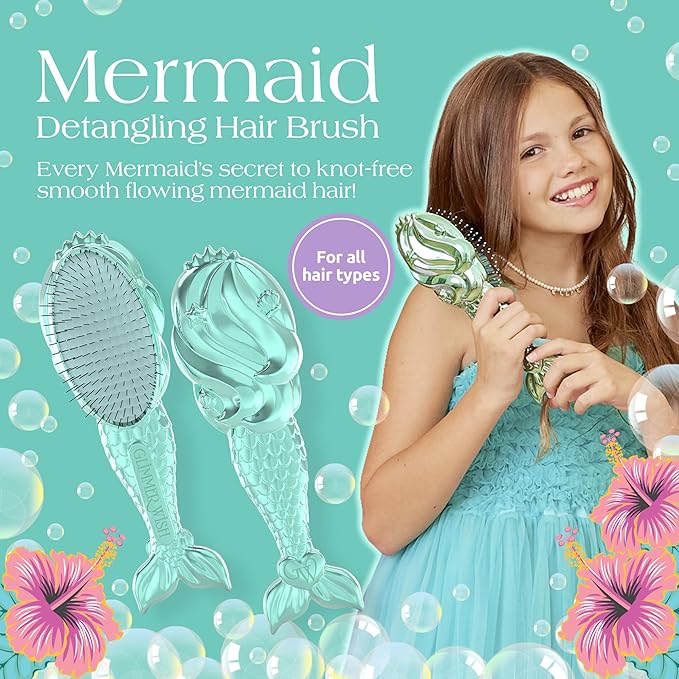 Glimmer Wish Mermaid Detangling Hair Brush for Kids - Anti Frizz and Anti Static - Soft and Long Bristles to Detangle With Ease - Gentle on Hair Kids Hair Brush