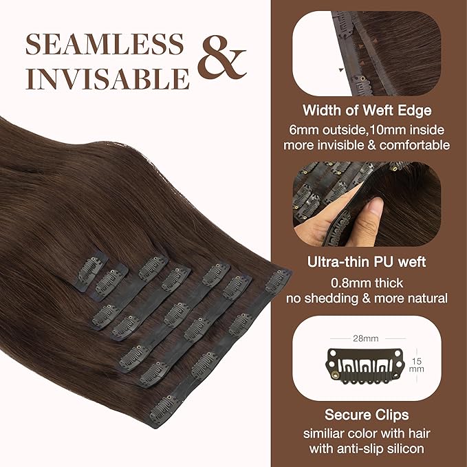 GOO GOO Clip in Hair Extensions Real Human Hair, Remy Human Hair Extensions Clip ins for Women, Natural Human Hair, 22inch 160g 7Pcs, #4A Chocolate Brown