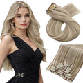 Moresoo Seamless Clip in Hair Extensions Human Hair Remy Straight PU Weft Human Hair Clip in Extensions Full Head Light Brown Highlight with Blonde 7pcs/120g 18inch