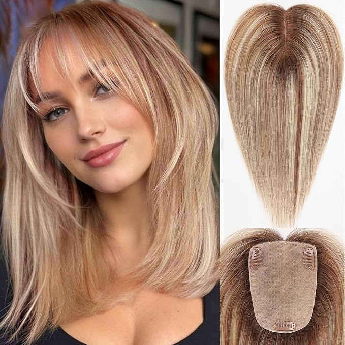 starluck Human Hair Toppers for Women Real Human Hair With Bangs 4 * 5.5 inch Base 12 inch SilkHug Hair Topper for Women Cover Grey Roots(Brown with Blonde Highlight)