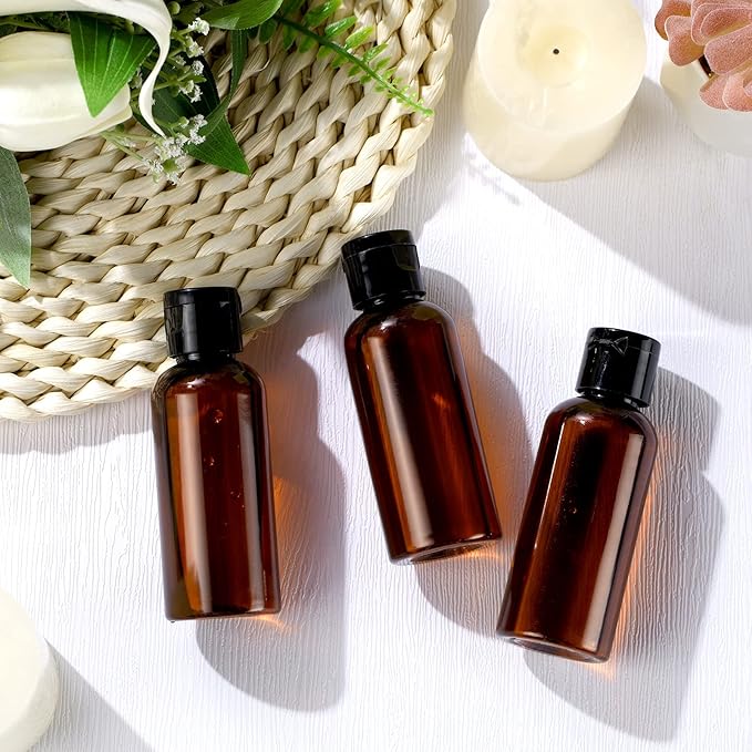 Eccliy 100 Pack 2 oz Travel Bottles Plastic Bottles with Lids Refillable Travel Size Cover Cap Plastic Liquid container for Toiletries Lotions Shampoo Creams Dispensing with 5 Funnels(Brown)