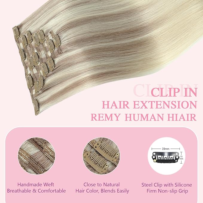 PINKPEARL Clip in Hair Extensions Straight Human Hair #18/22/60 Balayage Ash Blonde to Golden Blonde and Platinum Blonde 7pcs 120g 18 Inch Real Hair Clip in Extensions(#18/22/60-18)