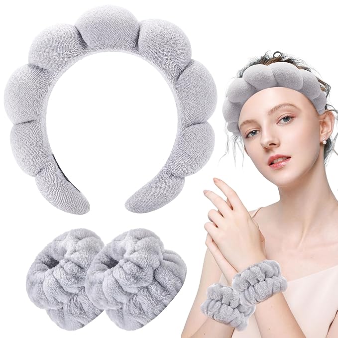 Zkptops Spa Headband for Washing Face Wristband Set Sponge Makeup Skincare Headband Terry Cloth Bubble Soft Get Ready Hairbands for Women Girl Puffy Padded Headwear Non Slip Thick Hair Accessory(Grey)