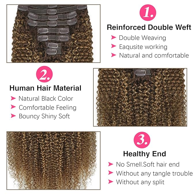 Kinky Curly Clip in Hair Extensions Real Human Hair 4/27/4 Omber Kinky Curly Clip ins For Women 3c 4a Brazilian Virgin Clip on Hair (22inch,#4/27/4)