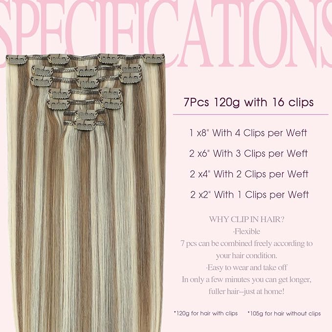 PINKPEARL Clip in Hair Extensions Straight Human Hair #8P60 Ash Brown Highlighted Platinum Blonde Clip in Extensions Remy Real Human Hair Extensions 7pcs 120g 20 Inch(#8P60-20)