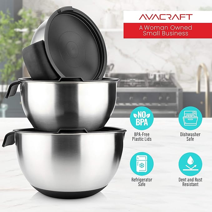 AVACRAFT 18/10 Stainless Steel Mixing Bowls with Lids, non slip silicone base bowls with Handle, Mixing Bowl Set with Pour Spouts & Measurement Marks, Home Essentials Cooking Bowls, (Black)