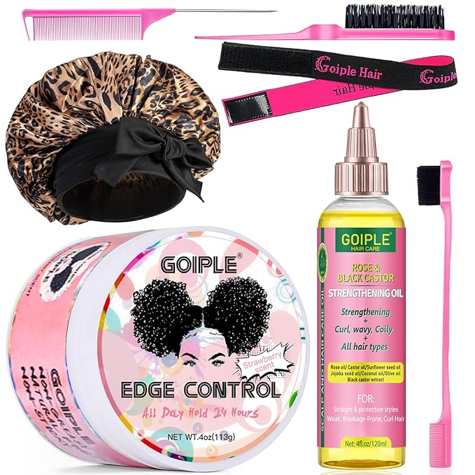 Edge Control Wax for Women Strong Hold - Edge Smoother Edge Wax Styling Gel Edge Control Wax for Black Hair - Rose & Castor Hair Oil for Hair Growth Strengthening Hair Oil Briad Bonnet Brush Set