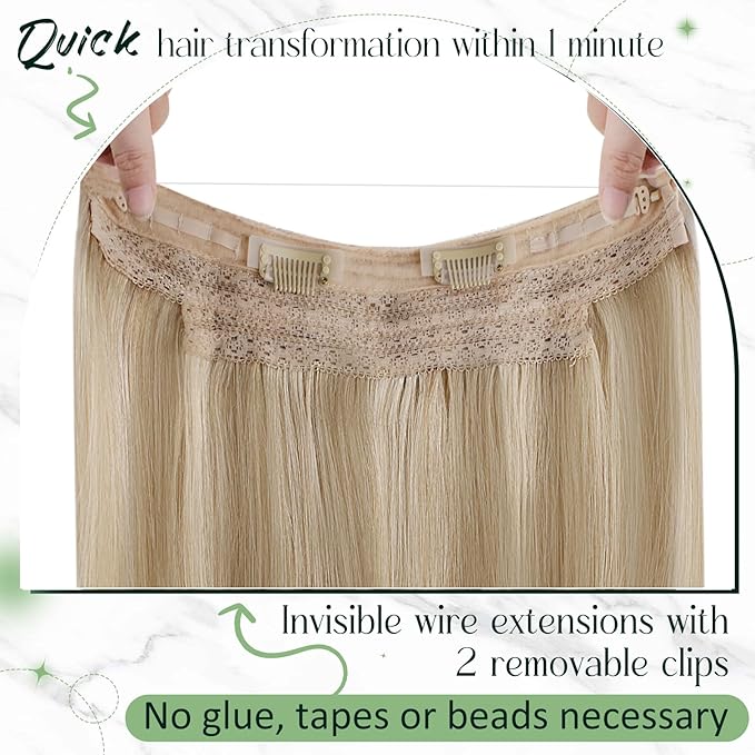 RUNATURE Wire Hair Extensions Real Human Hair, Fish Line Hair Extensions, Invisible Blonde Human Hairpieces, Add Volume, 12 Inch 70g #16P22 Dark Ash Blonde Highlight Light Blonde