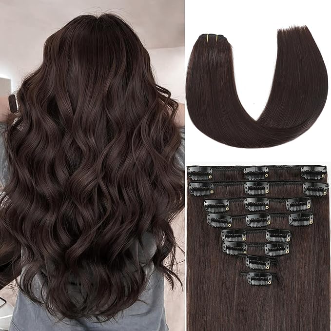 Dark Brown Clip in Hair Extensions Real Human Hair Invisible Seamless Remy Human Hair Clip in Extensions for Women 18 Inch 100g, 8pcs Per Set with Double Weft