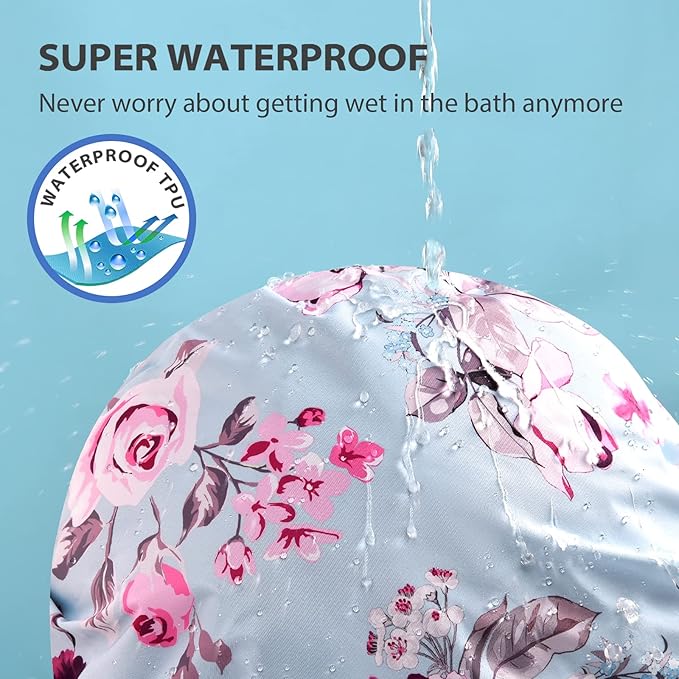 INNELO Luxury Shower Cap for Women Reusable Waterproof, Double Layered Shower Hair Cap with Adjustable Elastic Strap, Large Satin Lined Shower Bath Cap for Long Curly Straight Hair, Blue-Flower
