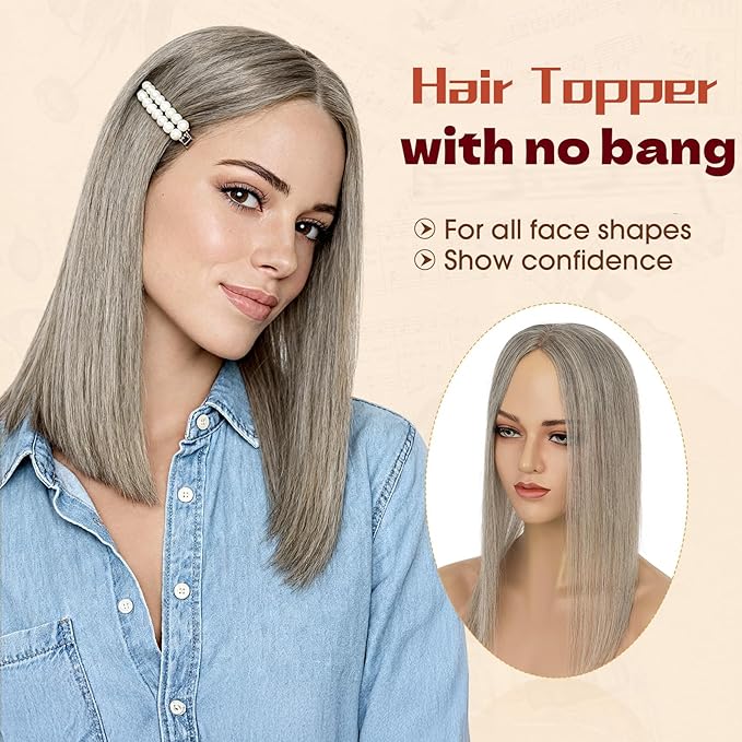 Rich Choices Human Hair Toppers for Women-100% Real Remy Hair Topper No Bang-Upgraded 150% Density 9 * 12CM Lace Base-Clip in Hairs Topper for Thinning Hairs-14Inch #G3 Salt and Pepper Grey