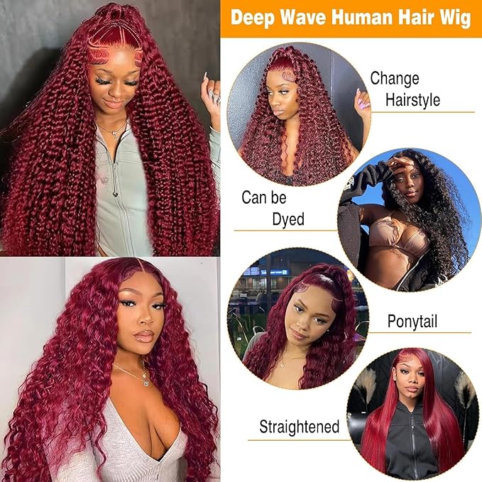 BVLBVL 40 Inch 99j 13x6 HD Lace Front Wigs Human Hair 250% Density Deep Wave Lace Front Wigs Pre Plucked Burgundy Wig Human Hair Wet And Wavy No Tangle No Shedding Triple Lifespan 3x