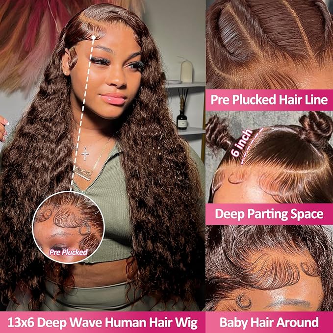 200% Density Chocolate Brown 13x6 Deep Wave Lace Front Wigs Human Hair Curly Wig HD Lace Front Wigs Human Hair Pre Plucked Frontal Wigs Human Hair Glueless Wig For Women (28 Inch)
