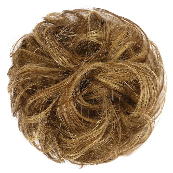 FESHFEN Human Messy Buns - 100% Human Hair Bun Real Scrunchies Hair Pieces Ponytail Extensions Wavy Tousled Updo Chignon Hairpieces for Women，Light Brown Mixed Blonde