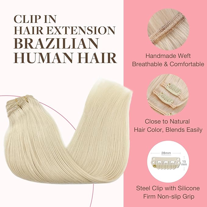 GOO GOO Clip in Hair Extensions Real Human Hair, Remy Human Hair Extensions Clip ins for Women, Natural Human Hair, 24inch 170g 7Pcs, #60A Platinum Blonde