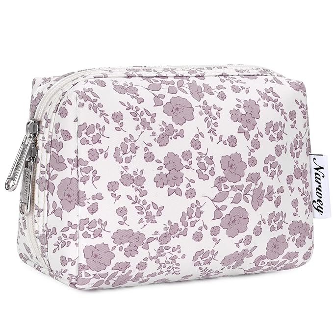 Narwey Small Cute Floral Makeup Bag for Purse Mini Cosmetic Bag Travel Makeup Pouch Zipper Pouch Cute Make up Bags with Compartments for Women Girls (Little Dusty Pink Flower, Small)