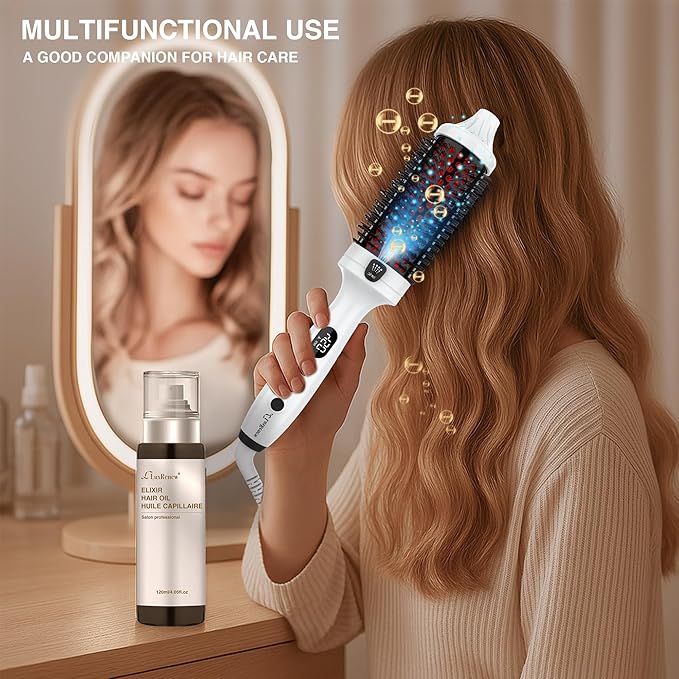 Infrared Bounce Brush, Heated Thermal Round Brush with Negative Ion Technology, 8 Heat Settings for Blowout Look with Hair Care Oil, Straightening & Curling, 1.65" Barrel for All Hair Types, White