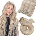 Moresoo Clip in Hair Extensions Human Hair Ash Blonde Highlight Hair Extensions Clip Ins for Women Straight Double Weft 5Pcs 80G 16inch