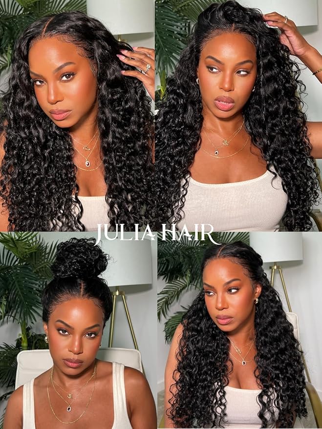 Julia Hair Bye Bye Knots Wig 13x4 Glueless Wigs Human Hair Mixed Curls Water Wave and Jerry Curly Fluffy Wig Pre Everything Pre Plucked Pre Cut HD Lace Bleached Knots Natural Black 22 Inch