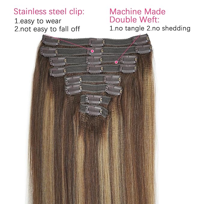 Highlight #4/27/4 Yaki Straight Clip in Hair Extensions Real Human Hair Omber Clip ins For Women Yaki Straight Clip on Hair Extensions(14inch)