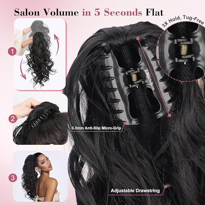 QGZ Ponytail Extension 20 Inch Claw Clip Ponytail Hair Extension Natural Synthetic Curly Wavy Hairpiece for Women Daily Use(Black)