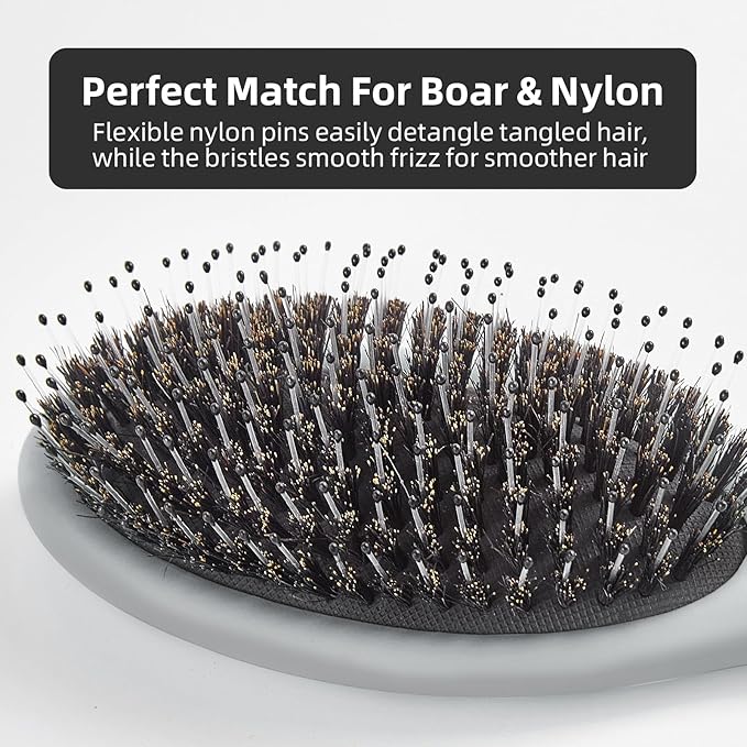 Boar Bristles Hair Brush for Women and Men, Detangling Hair Brush for Smoothing Massage Add Shine, Nylon&Boar Bristles Detangler brush for Hair Healthy (1 Pack-Grey)