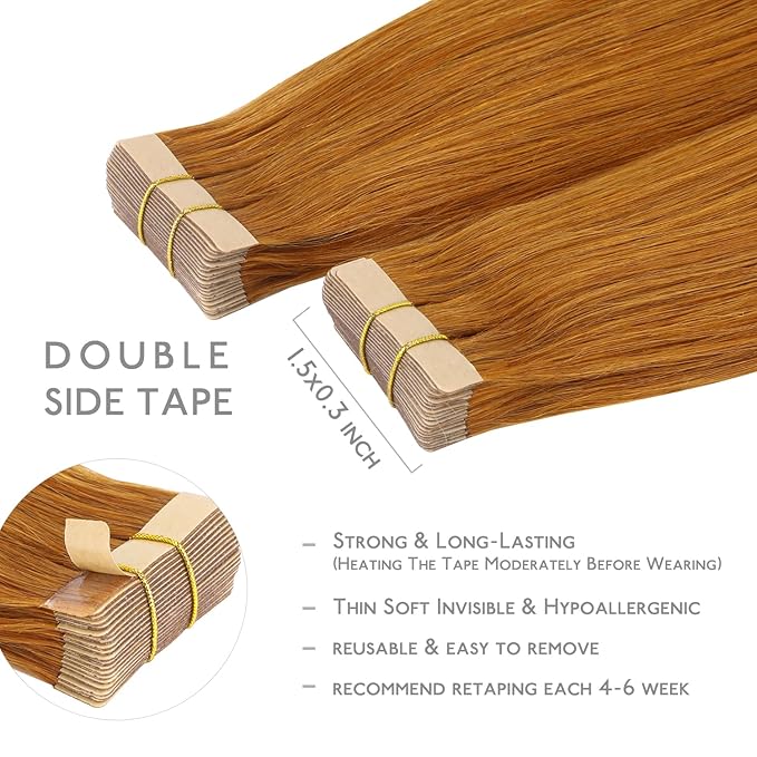 WENNALIFE Tape in Hair Extensions Human Hair, 20pcs 50g 14 inch Auburn Ginger Remy Hair Extensions Straight Human Hair Tape in Extensions Skin Weft Tape Extensions Human Hair