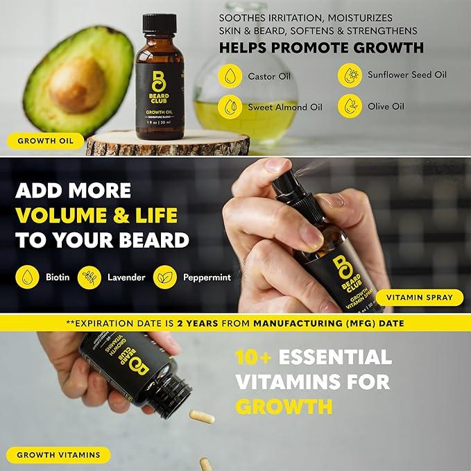 The Beard Club Ultimate Beard Growth Kit - Derma Roller, Growth Oil, Vitamins, Vitamin Spray, Biotin Balm, Conditioner, Cream, Balms, Shampoo, Razor, Scissors, Combs, Brush, Cleansing Spray - Gift Set