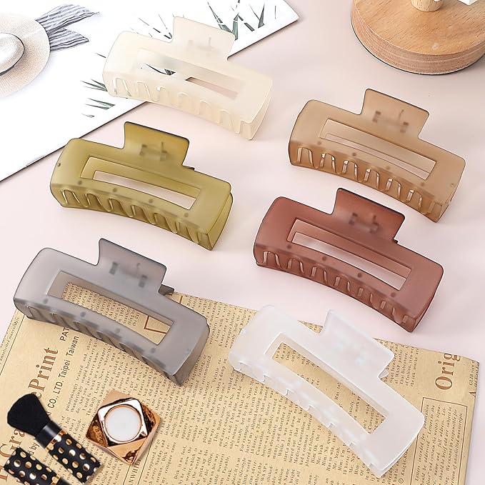 4 Inch Big Hair Claw Clips 6 Pcs Large Claw for Thick Hair Square Hair Clips for Women Rectangle Hair Clips Nonslip Acrylic Banana Jaw Clips Hair Accessories for Girls (Tea)