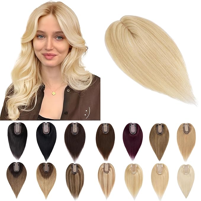 SEGO Human Hair Toppers for Women With Thinning Hair, 7 * 13CM Silk Base 100% Real Human Hair Clip in Top Wiglet Hairpieces -16 Inch No Bangs Ash Blonde&Bleach Blonde