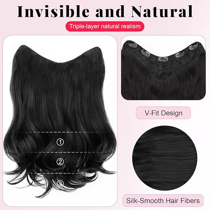 ALXNAN Long Wavy Layered Hair Extensions for Women, Clip in Hair Extensions Clip Ins Soft Full Head Synthetic Hairpieces 16 Inch Black