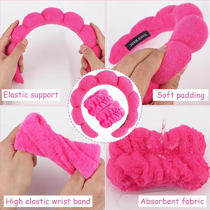 Zkptops Spa Headband for Washing Face Wristband Set Sponge Makeup Skincare Terry Cloth Bubble Soft Get Ready Hairband for Women Girl Puffy Padded Headwear Non Slip Thick Hair Accessory(Hot Pink)