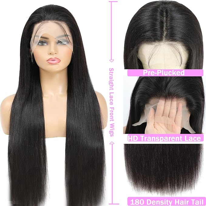 Straight Lace Front Wigs Human Hair Pre Plucked 180 Density Unprocessed Brazilian Virgin Human Hair 13x6 HD Lace Frontal Wigs Black Human Hair Glueless Wigs for Women 26 Inch