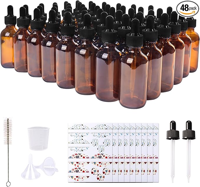 48 Pack 2oz Amber Glass Bottles with Glass Eye Droppers for Essential Oils, Perfumes & Lab Chemicals (Brush, Funnels, 2 Extra Droppers, 54 Pieces Labels & 30ml Measuring Cup Included)