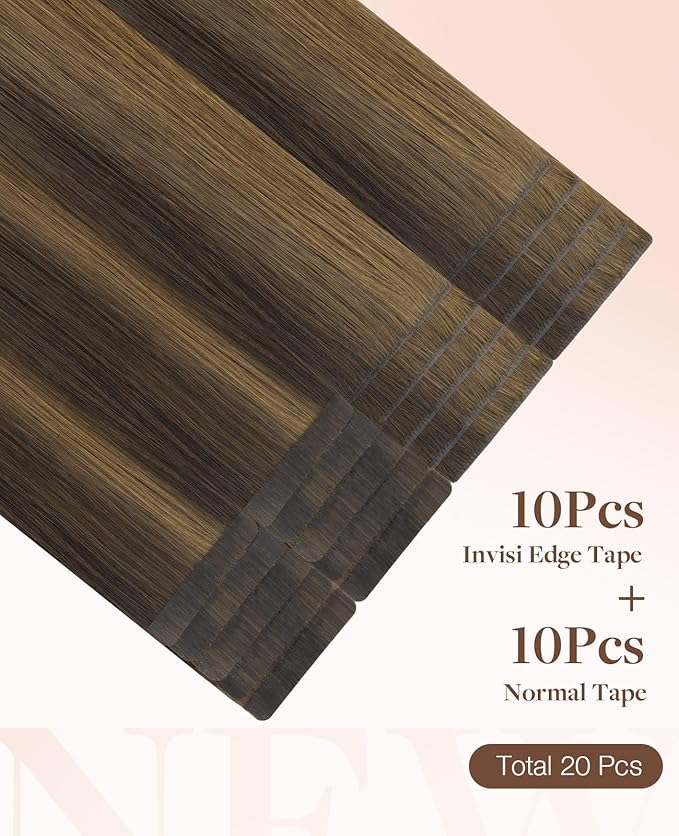 GOO GOO Invisi Edge Tape in Hair Extensions Human Hair, 2C/4E/6C Brown Sugar Swirl Highlights 10pcs injected with 10pcs classical tape ins, 24inch 50g, Virgin Remy Hair, Natural Look